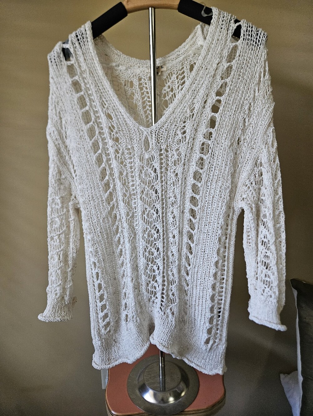 POL White Open Weave Boho Crochet Pullover Sweater - Size Small